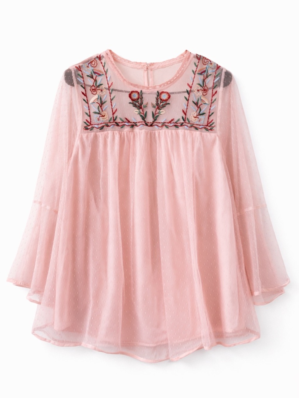 Entro Pink Embroidered Sheer Blouse Boho Floral Mesh Top Size M